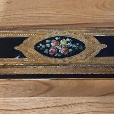 E116 - Vtg. Oblong Wooden Box w/ Gold & Handpainted Flowers