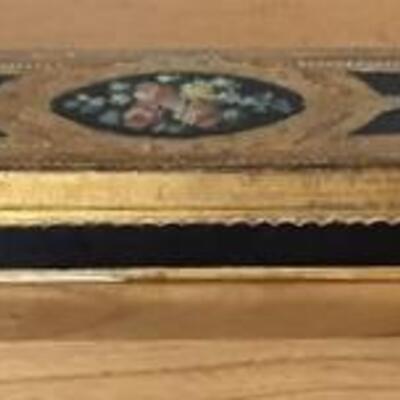 E116 - Vtg. Oblong Wooden Box w/ Gold & Handpainted Flowers