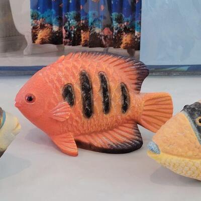 Lot 257: Marine Life Shower Curtain, See through Whale Pump Soap Dispenser, Fish Deco & Candle