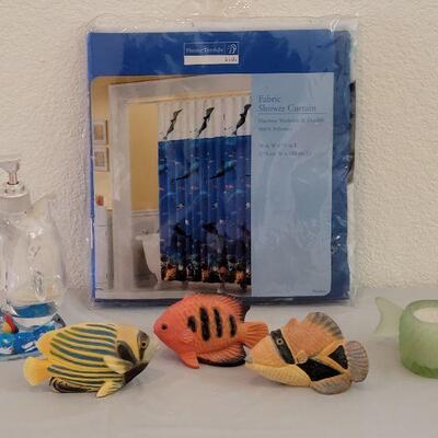 Lot 257: Marine Life Shower Curtain, See through Whale Pump Soap Dispenser, Fish Deco & Candle