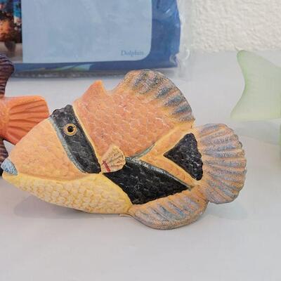 Lot 257: Marine Life Shower Curtain, See through Whale Pump Soap Dispenser, Fish Deco & Candle