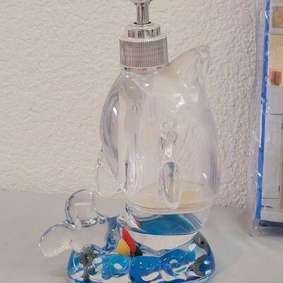 Lot 257: Marine Life Shower Curtain, See through Whale Pump Soap Dispenser, Fish Deco & Candle