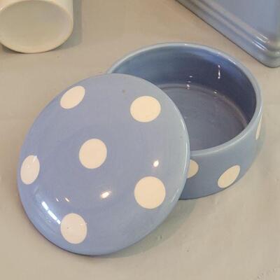 Lot 258: Otagiri Picture Frame, Kleenex Box Cover, Polka Dot Trinket and China Toothbrush Holder & Cup