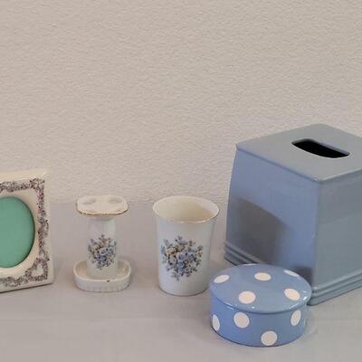 Lot 258: Otagiri Picture Frame, Kleenex Box Cover, Polka Dot Trinket and China Toothbrush Holder & Cup