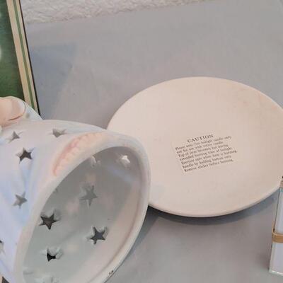 Lot 268:  3 Angels Cookie Tin Set, Framed Art and Candle Luminary 