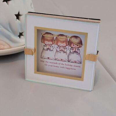 Lot 268:  3 Angels Cookie Tin Set, Framed Art and Candle Luminary 
