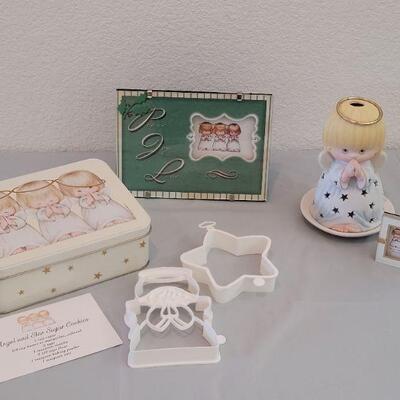Lot 268:  3 Angels Cookie Tin Set, Framed Art and Candle Luminary 