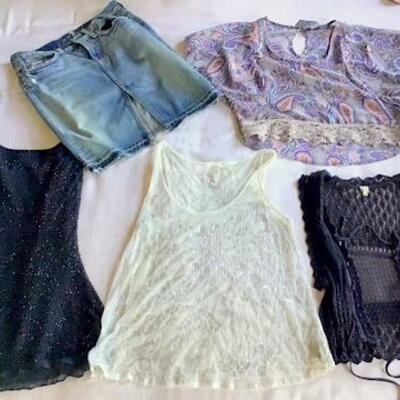 C121 - Boho Clothing Lot - 4 All Mankind Denim Skirt, Black Beaded Top + More