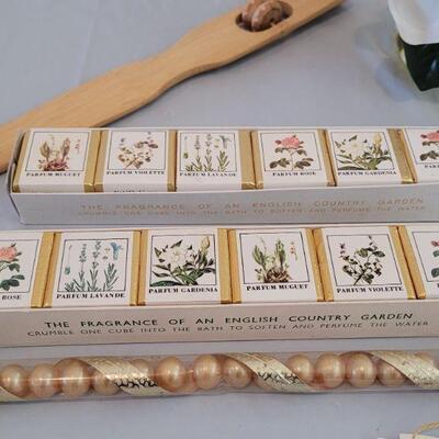 Lot 278:  Bath Beads, Skin Softening Cubes, Back Scratcher and Vase with Silk Roses 