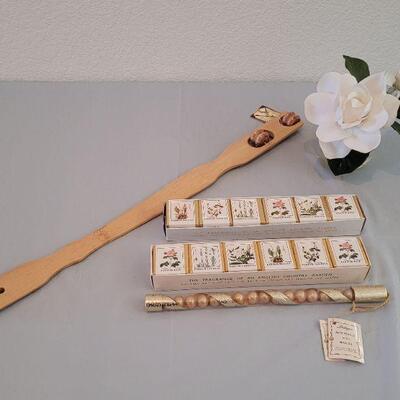 Lot 278:  Bath Beads, Skin Softening Cubes, Back Scratcher and Vase with Silk Roses 
