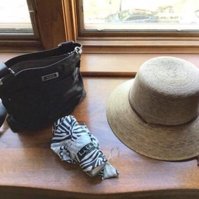 C125 - Black TUMI Shoulder Bag, Straw Hat & Nicole Miller Umbrella