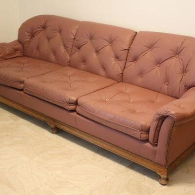 Lot #31: Vintage Mauve-Pink Leather Tufted Sofa with Wooden Knob Legs 