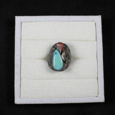 LOT#G3: Tested 94% Silver Turquoise & Coral Men's Ring [25.6g]