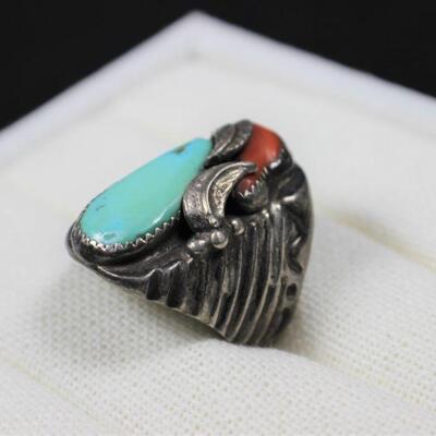 LOT#G3: Tested 94% Silver Turquoise & Coral Men's Ring [25.6g]