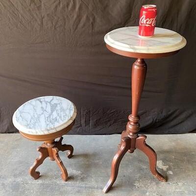 LOT#H95: Pair of Marble Top Mahogany Plant Stands
