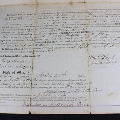 LOT#W192: Ohio Land Deed Dated 1862