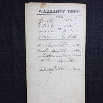 LOT#W192: Ohio Land Deed Dated 1862