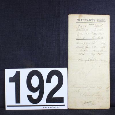 LOT#W192: Ohio Land Deed Dated 1862