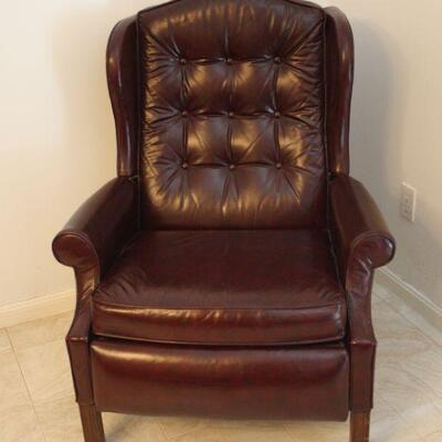 Lot #35: Brown Tufted Leather Wingback Recliner Armchair 
