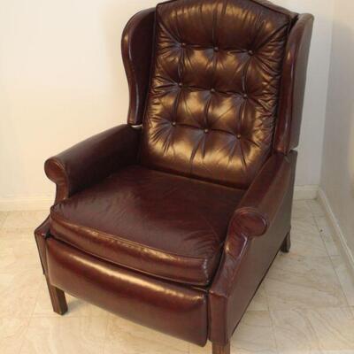 Lot #35: Brown Tufted Leather Wingback Recliner Armchair 