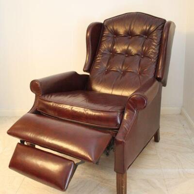 Lot #35: Brown Tufted Leather Wingback Recliner Armchair 