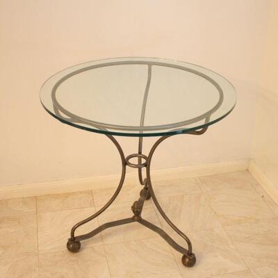 Lot #36: Vintage Metal Pedestal Glass Top Accent Table 