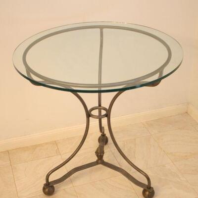 Lot #36: Vintage Metal Pedestal Glass Top Accent Table 
