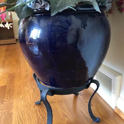 Lot 21 - Large Plum Colored Planter With Faux Floral