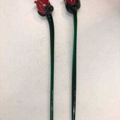 Pair of Blown Glass Long Stem Red Roses