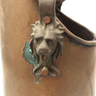Vintage Copper Watering Pot Pail with Lions Head & Ceramic Handle