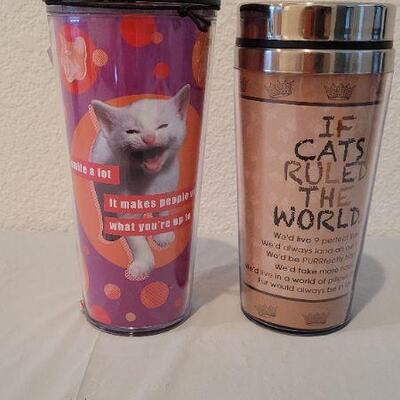 Lot 21: (2) New CAT THEME Travel Beverage Mugs
