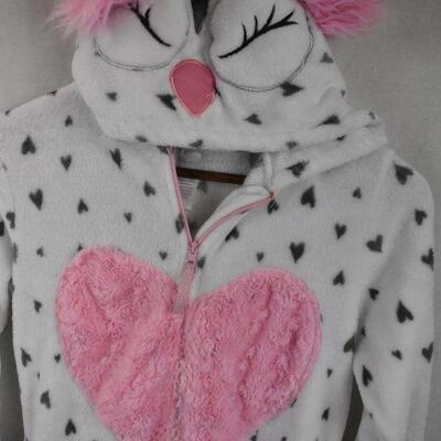 Owl Onesie PJs, Adult size Small. Pink, white, gray, with Hearts