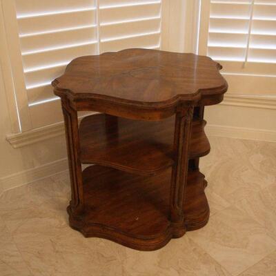 Lot #43: Vintage Tiered Oak Side Table with Carved Pillars 