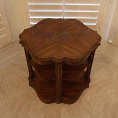 Lot #43: Vintage Tiered Oak Side Table with Carved Pillars 