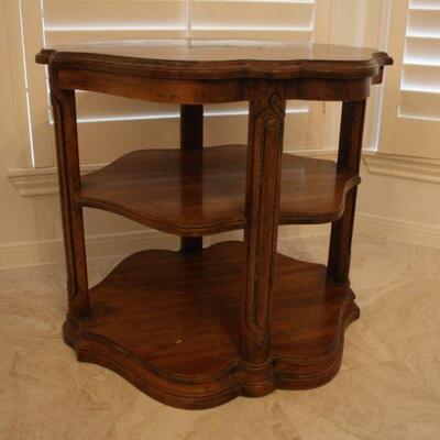 Lot #43: Vintage Tiered Oak Side Table with Carved Pillars 