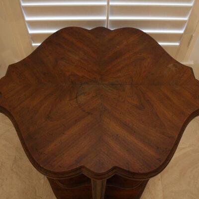Lot #43: Vintage Tiered Oak Side Table with Carved Pillars 