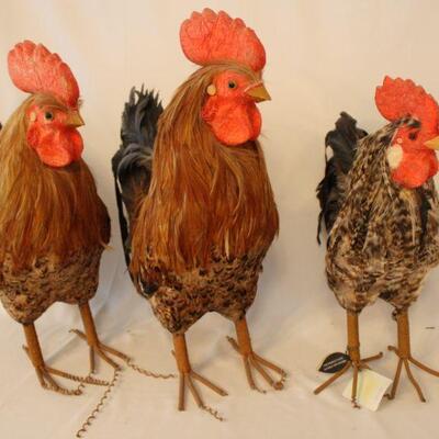 Lot #53: Lot of 3 Vintage Realistic Rustic Feathered Roosters with Real Feathers 