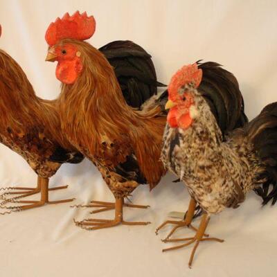 Lot #53: Lot of 3 Vintage Realistic Rustic Feathered Roosters with Real Feathers 