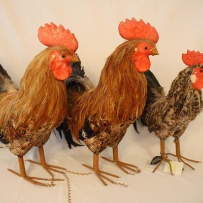 Lot #53: Lot of 3 Vintage Realistic Rustic Feathered Roosters with Real Feathers 