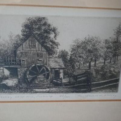 Jenny Gristmill etching-Plymouth-signed Leonard H. Mersky 
