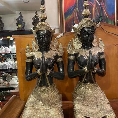 Pair of Antique Bronze Thai Thepenom Thai Angels Statues