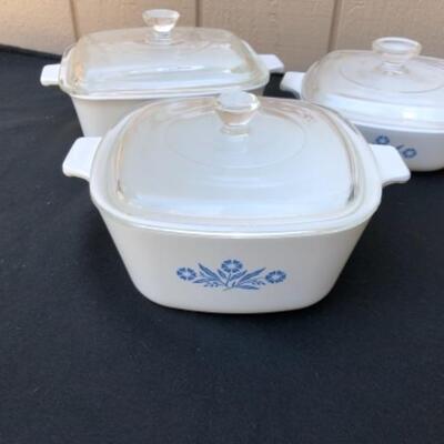 Lot 2S.  4 Assorted Vintage Glass Baking Dishes with lids (Corning, Cordon Bleu)--$37.50