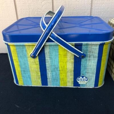 Lot 3DM.  3 Vintage Midcentury Tin Litho Pic-Nic Lunch Box with Metal Handles: Blue, Yellow Stripe, Basket Weave Pattern, 1950’s  (# 94,...