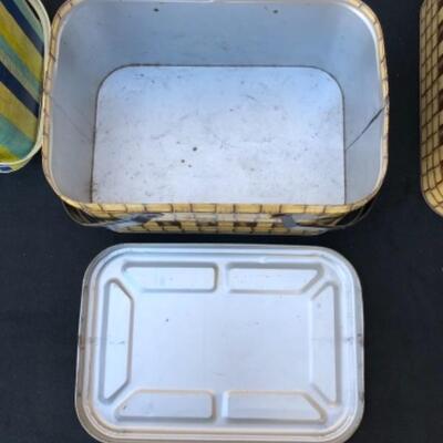 Lot 3DM.  3 Vintage Midcentury Tin Litho Pic-Nic Lunch Box with Metal Handles: Blue, Yellow Stripe, Basket Weave Pattern, 1950’s  (# 94,...