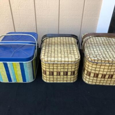 Lot 3DM.  3 Vintage Midcentury Tin Litho Pic-Nic Lunch Box with Metal Handles: Blue, Yellow Stripe, Basket Weave Pattern, 1950â€™s  (#...