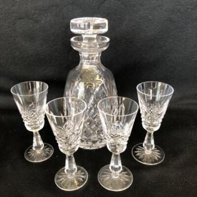 Lot 11P. Waterford Lismore Vertical cut Decanter with stopper & 4 Waterford Lismore sherry glasses â€” $87.50