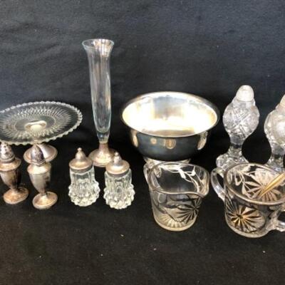 Lot 13P. Sterling Silver, Silver Plate Salt & Pepper sets, cream and sugar set, cake stand, bud vase, bowl — $75 