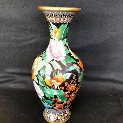 Lot 17P. Cloisonné tall vase, black background — $112.50