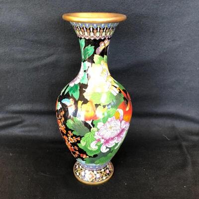 Lot 17P. Cloisonné tall vase, black background — $112.50