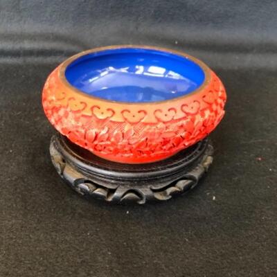 Lot 18P. Chinese carved bowl with stand from China, cinnabar â€” $105